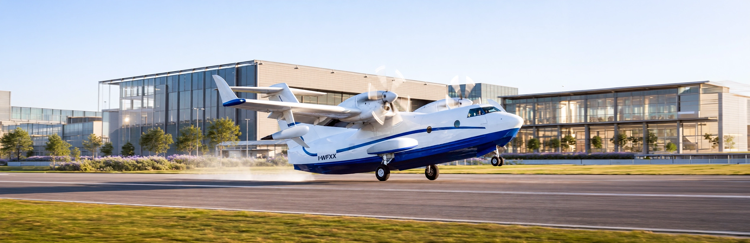 WF-X amphibious aircraft taking off — daytime