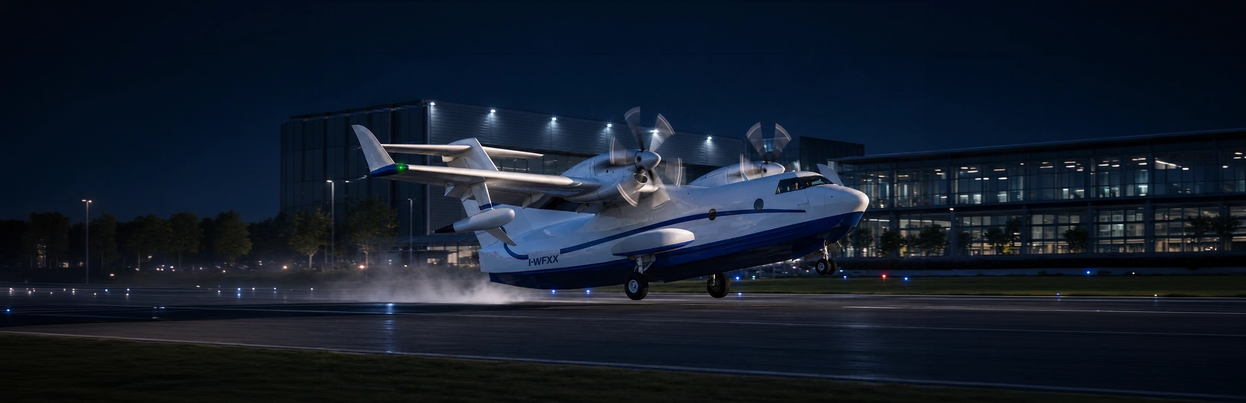 WF-X amphibious aircraft taking off — nighttime