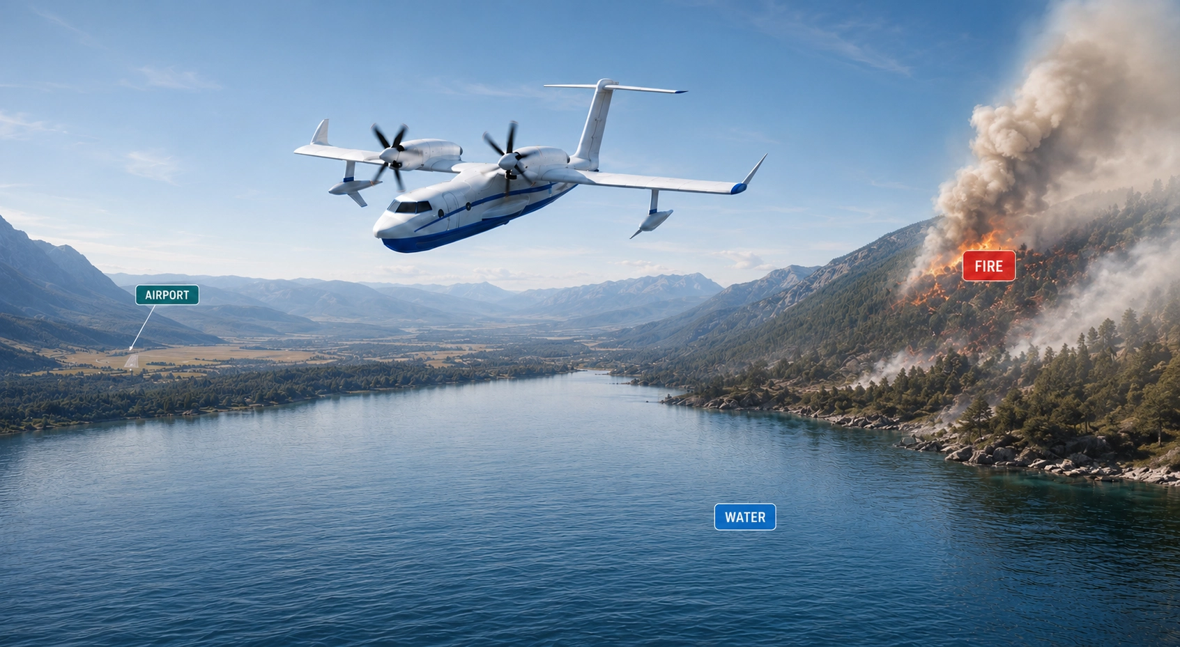 WF-X aircraft flying a firefighting mission between airport, water, and fire